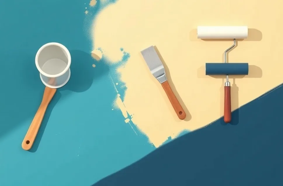 Outils de peinture disposés dans l'ordre des étapes du chantier