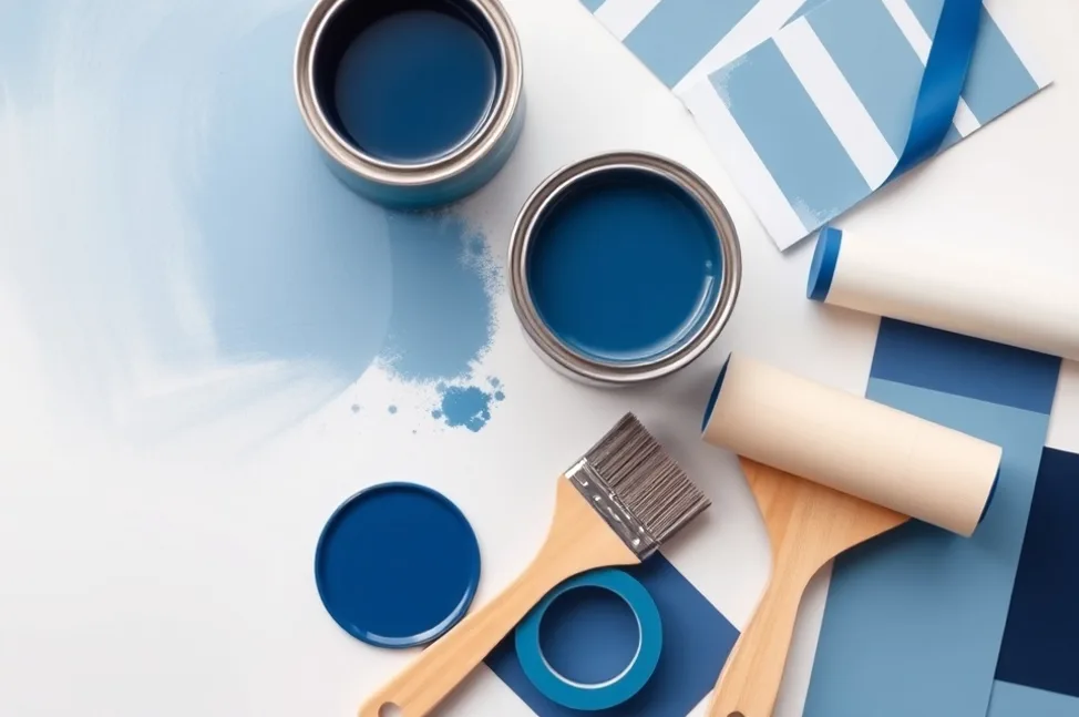 Pots de peinture, nuancier, brosses et rouleaux disposés à plat