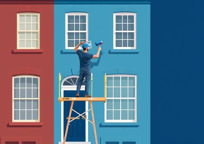 Peintre sur échafaudage traitant la façade d'une maison