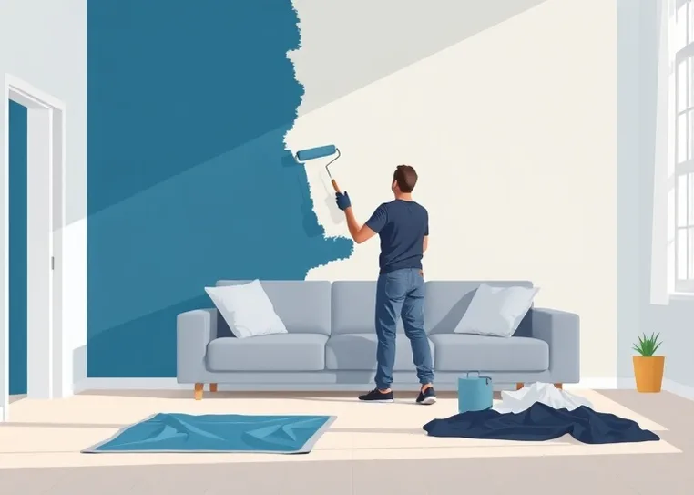 Peintre appliquant la peinture au rouleau sur un mur de salon